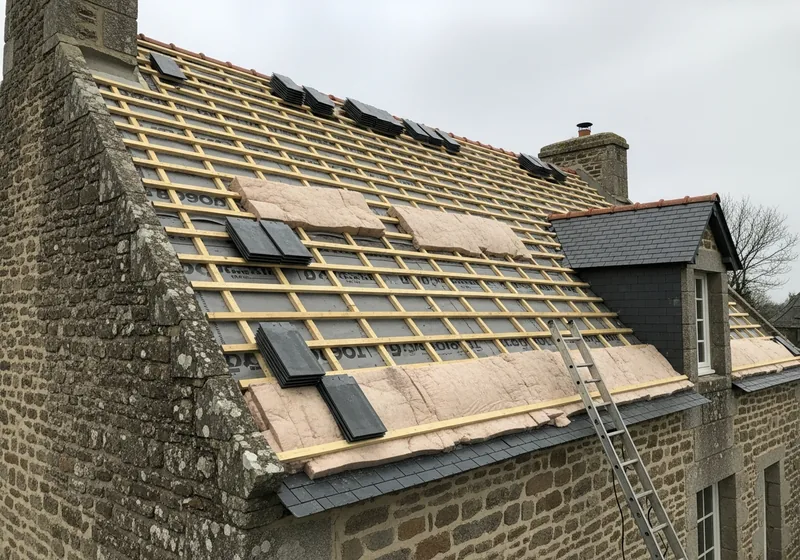Panneaux isolants posés en sarking sur les chevrons d'une toiture en réfection à Saint-Malo