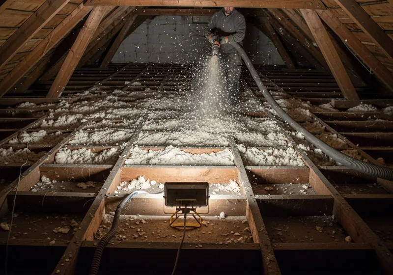 Soufflage de laine minérale sur le plancher de combles perdus d'une maison à Saint-Malo